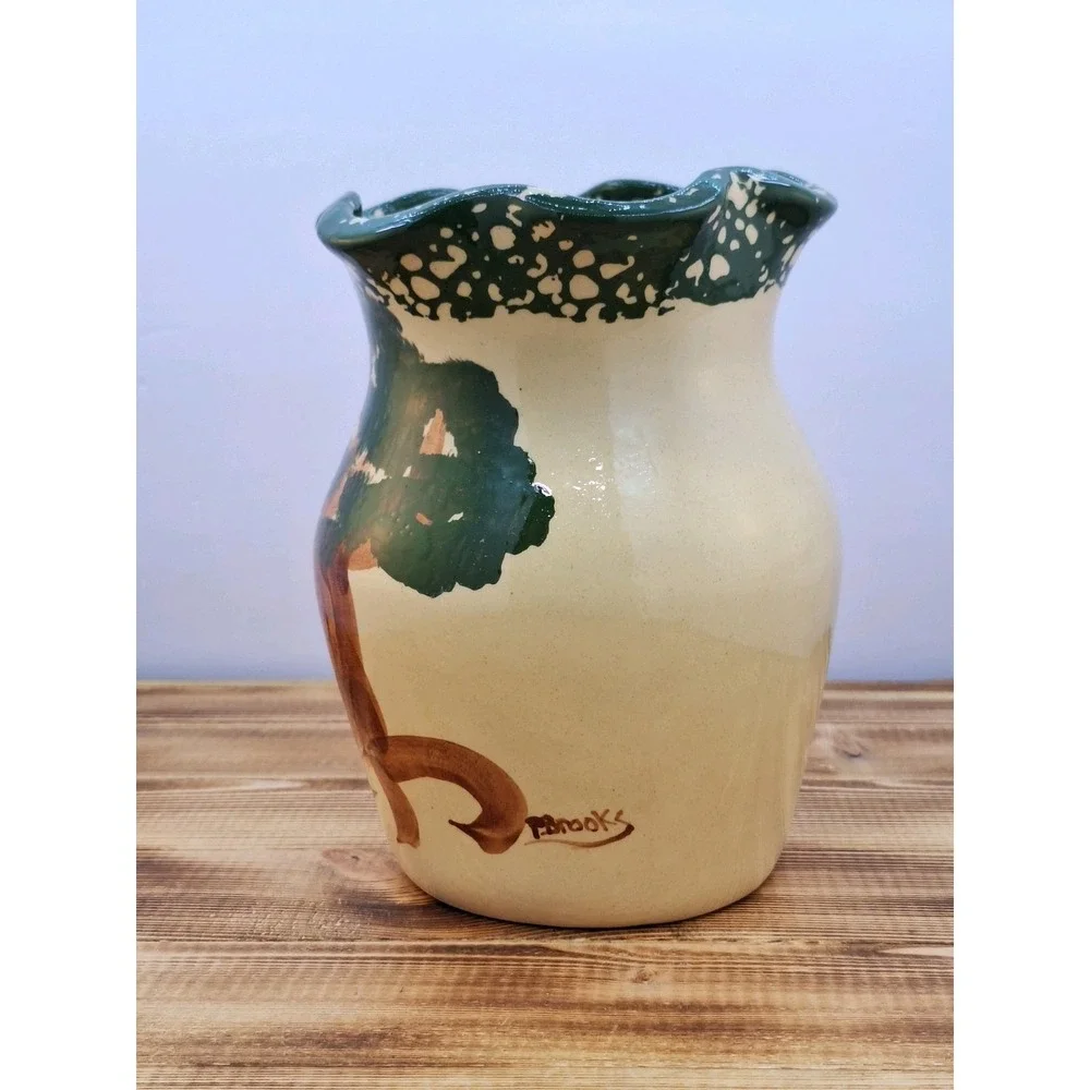 Crooksville Ohio Apple Tree Pottery Crock Vase Ruffled Edge Hand Painted 08 7x5